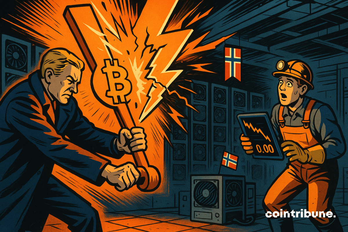 Em uma usina elétrica futurista, um ministro norueguês corta abruptamente a energia do Bitcoin, chocando um minerador. Servidores desligam, tensão dramática e uma paleta fria de laranja e azul típica dos quadrinhos dos anos 70.