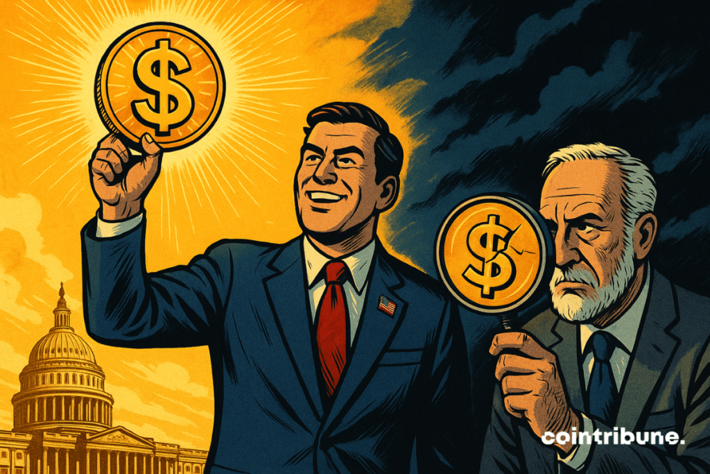 Un sénateur brandit fièrement une pièce des stablecoins au symbole dollar devant le Capitole, tandis que Peter Schiff l’observe dans l’ombre, révélant une fissure sous une lumière inquiétante.