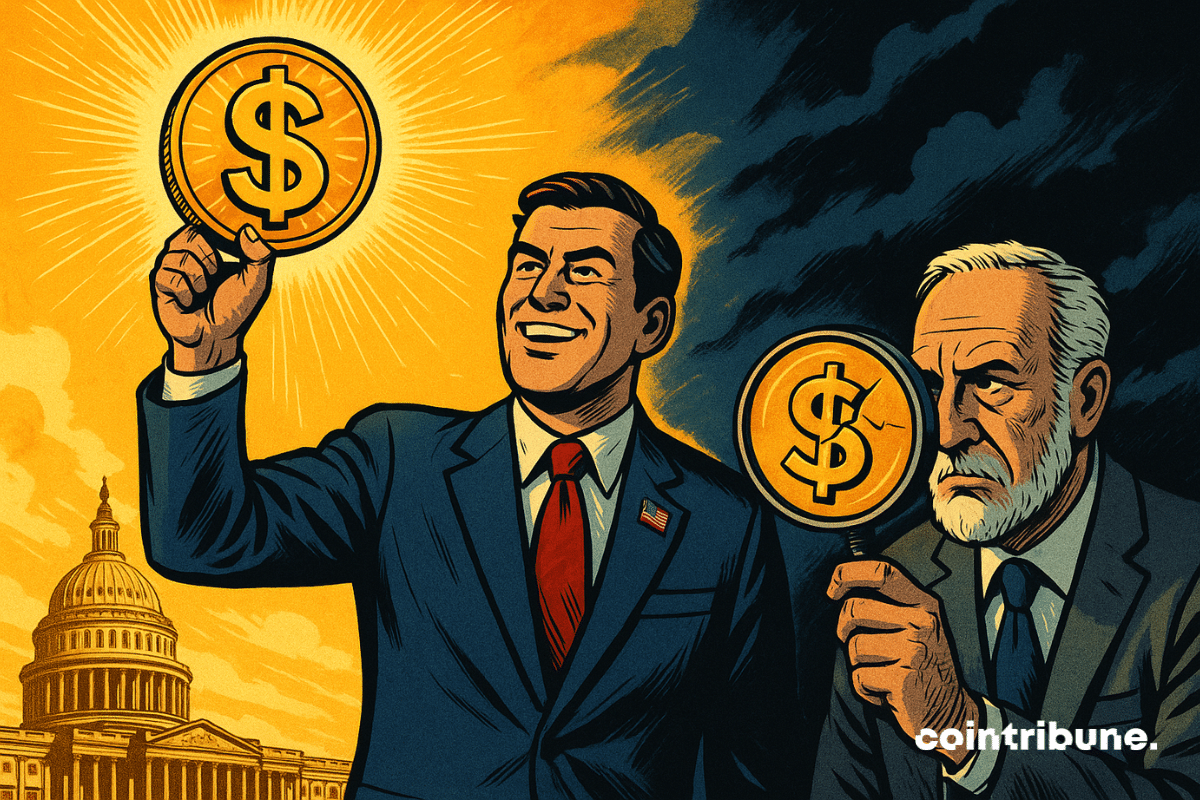 A senator proudly holds up a dollar-denoted stablecoin in front of the Capitol, while Peter Schiff watches from the shadows, revealing a crack in an eerie light.