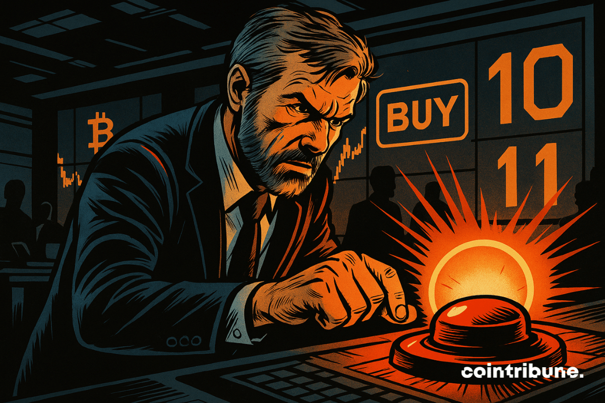 Michael Saylor pressiona um botão vermelho luminoso em uma sala de controle escura, cercado por telas exibindo Bitcoin. A atmosfera é tensa, carregada de suspense e de uma decisão iminente.