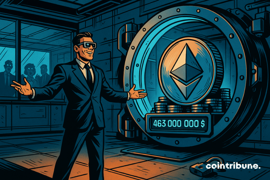 Um homem de terno com os braços abertos olha para um baú com o logotipo do Ethereum