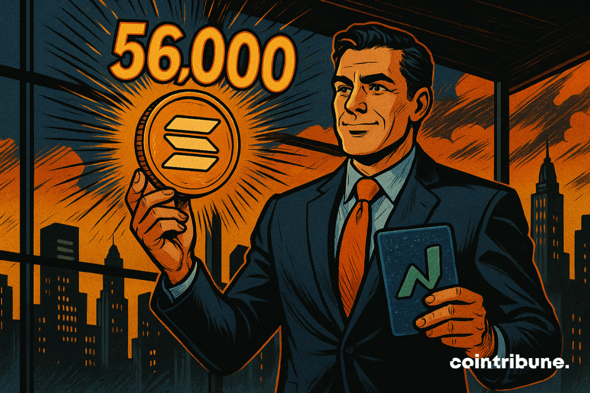 Uma ponte futurista conecta Wall Street a um universo cyberpunk de Solana. Um operador de Solana concentrado, de terno, joga uma ficha brilhante. Atmosfera dramática, iluminação contrastante, números flutuantes: 56.000.