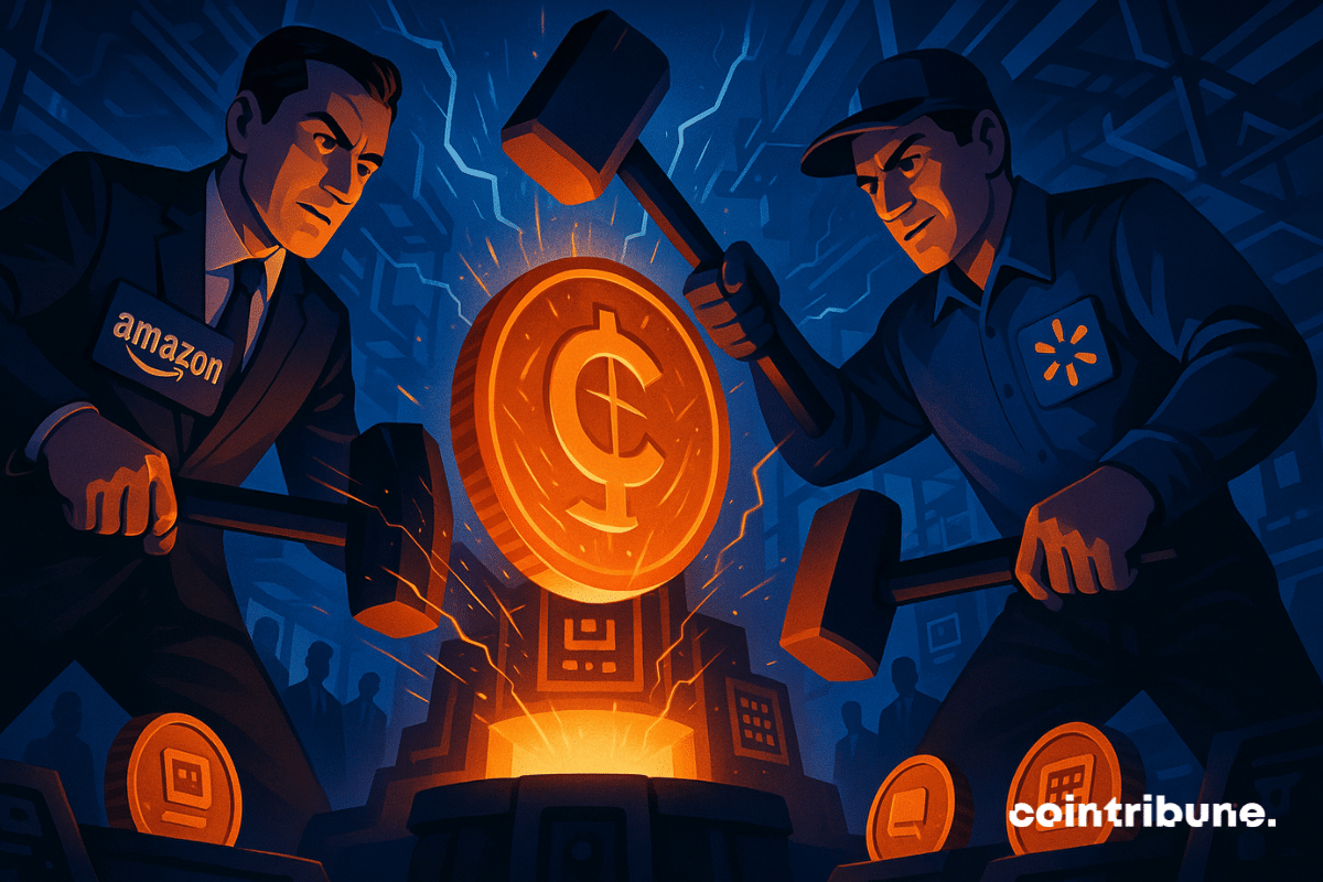 Duas figuras estilizadas representando a Amazon (traje executivo + logotipo em crachá) e o Walmart (estilo americano clássico + crachá com logotipo). Batendo em stablecoins gigantes, cada um em seu canto, com uma expressão determinada.