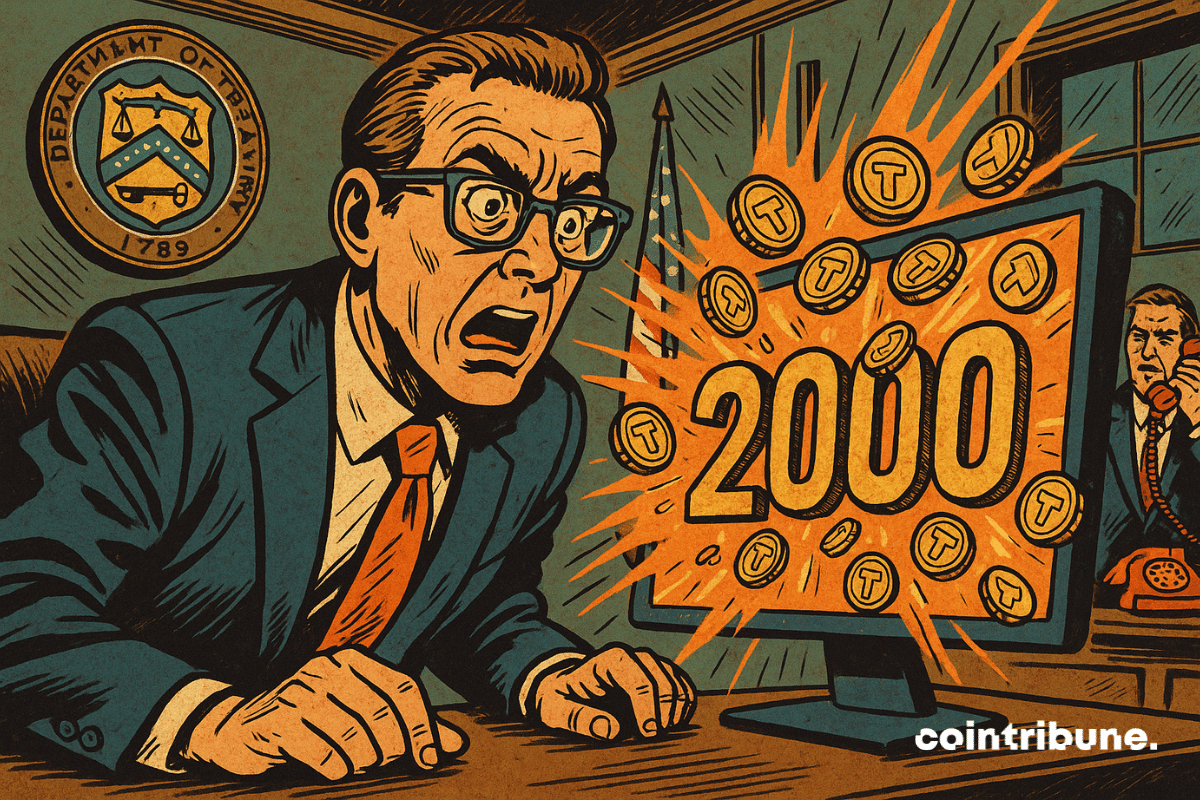 Bureau formel du Trésor americain, sombrio mais claro por uma luz viva venant d’un écran. A tela projeta o número "2000" com ícones de stablecoins explosivos automáticos e o logotipo do Bitcoin.