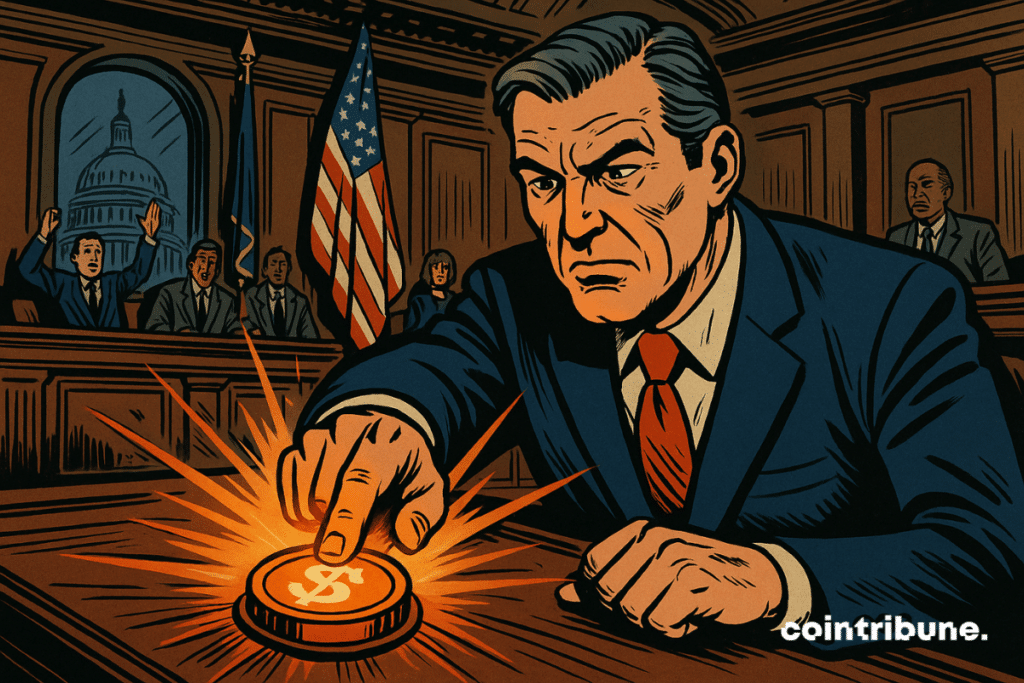 A high-angle view of a stylized Senate chamber, with a dramatic atmosphere, a beam of light falling on a hand pressing a "crypto" button. A senator in a dark blue suit and red tie, with a determined posture and a focused face, his finger pointing toward a red/orange button.