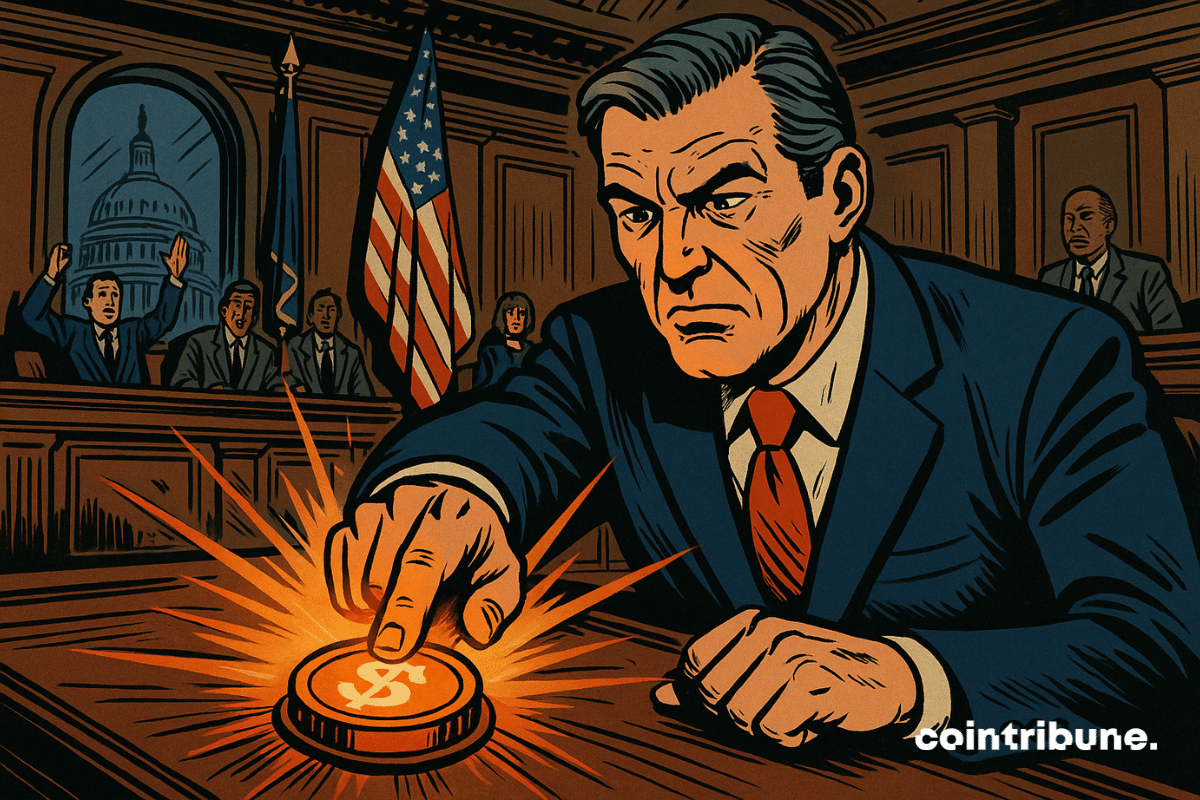 A high-angle view of a stylized Senate chamber, with a dramatic atmosphere, a beam of light falling on a hand pressing a "crypto" button. A senator in a dark blue suit and red tie, with a determined posture and a focused face, his finger pointing toward a red/orange button.