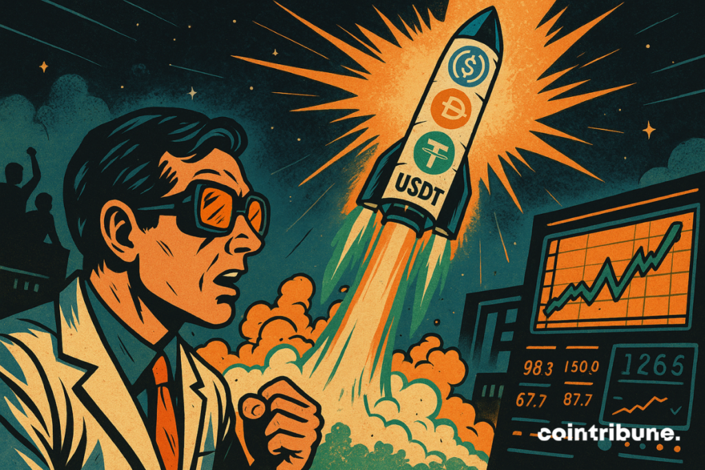 Um homem de óculos observa um foguete decolando. O foguete apresenta os logotipos da DAI, USDT e USDC.