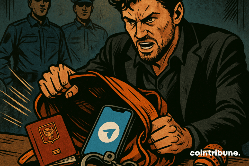Un hombre barbudo parecido a Durov, con traje negro y camisa entreabierta, está sentado a una mesa, con expresión intensa y las manos sobre una bolsa volcada. De la bolsa se derramó: un pasaporte, un teléfono con el logo de Telegram, esposas rotas y un micrófono de podcast.