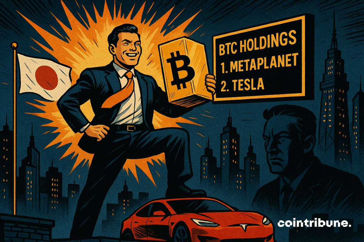 Um empresário japonês triunfante exibe um lingote de Bitcoin em um telhado urbano. Em frente a um painel com os dizeres “BTC HOLDINGS”, a Metaplanet supera a Tesla. Explosão laranja, tensão e domínio econômico.