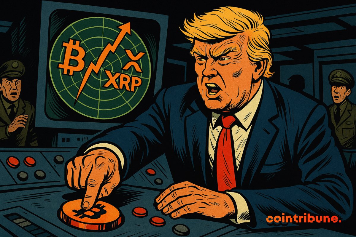 Donald Trump aperta um grande botão de Bitcoin em uma sala de comando, enquanto um radar mostra a alta repentina de Bitcoin, XRP e Ethereum.
