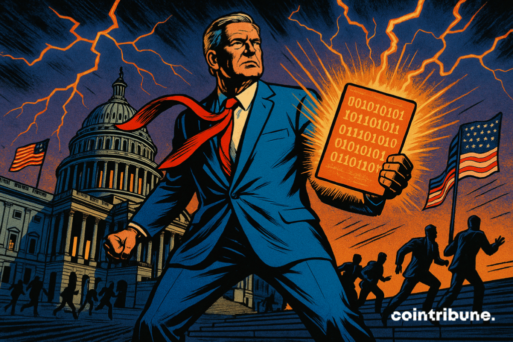O presidente Donald Trump, de terno azul e gravata vermelha, segura um arquivo digital brilhante. Atrás dele, o Capitólio, uma tempestade se alastra e o Congresso foge. Uma cena épica nas cores vibrantes das stablecoins.