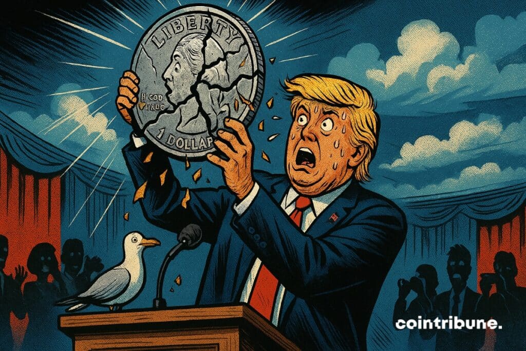Donald Trump com uma grande moeda estável de USD1 estalando em suas mãos.