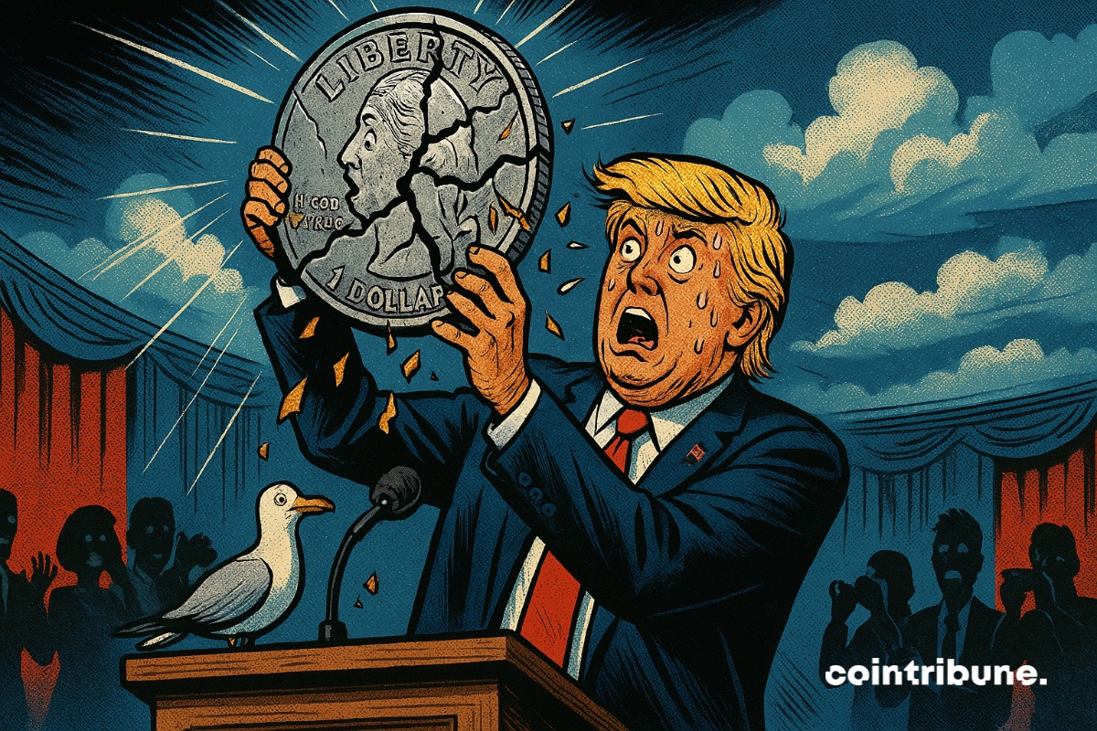 Donald Trump com uma grande moeda estável de USD1 estalando em suas mãos.
