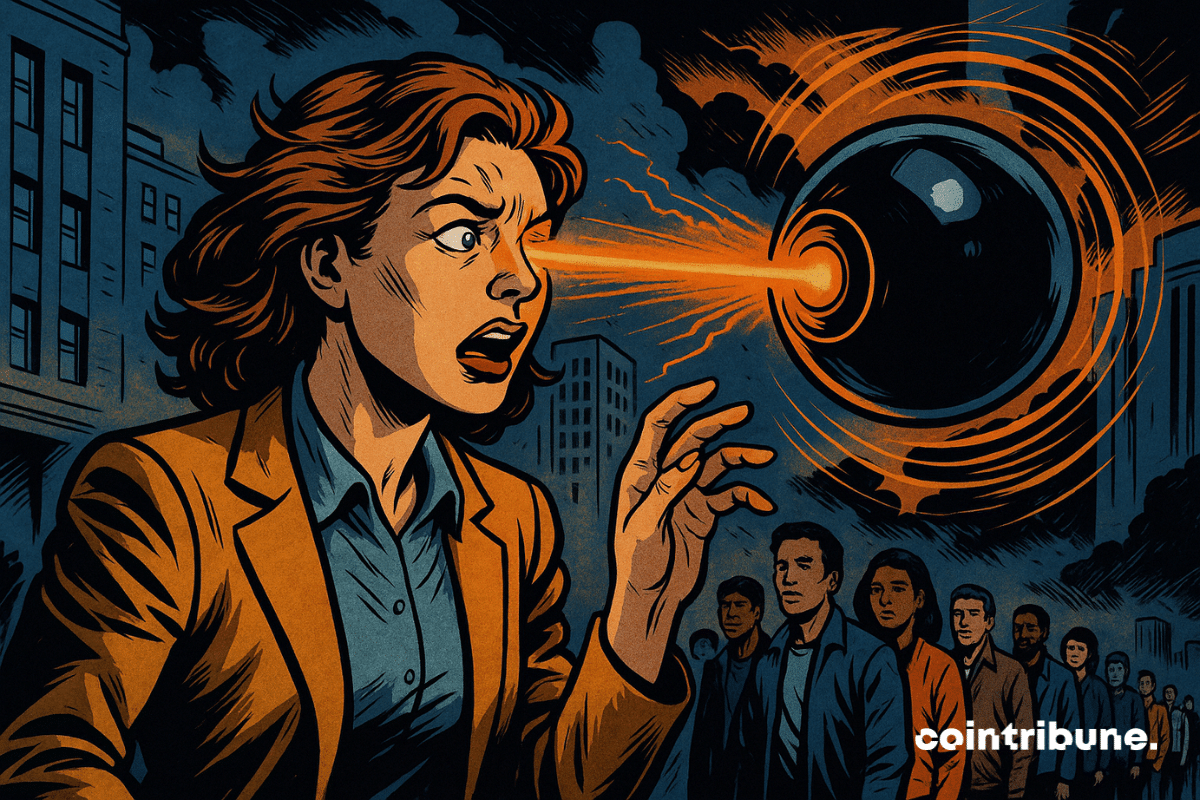 une femme se fait scanner l'iris par un orbe