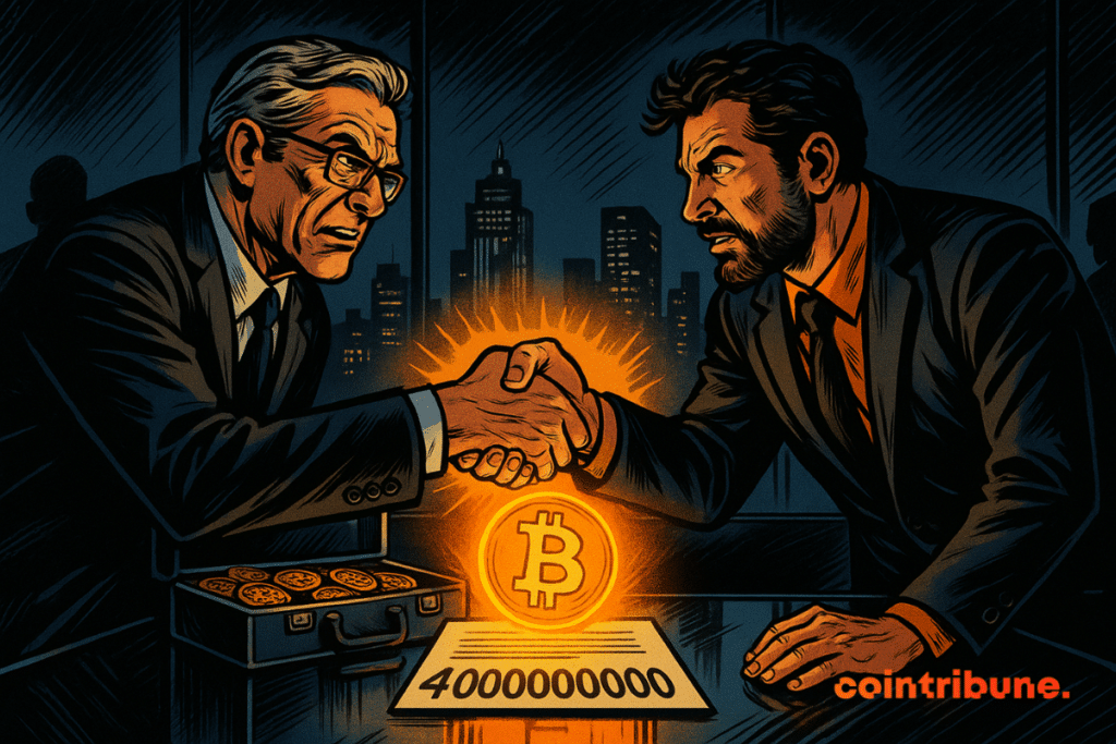 Dos hombres de traje se dan la mano frente a un maletín con bitcoins y un contrato marcado "4000000000", creando una atmósfera dramática.