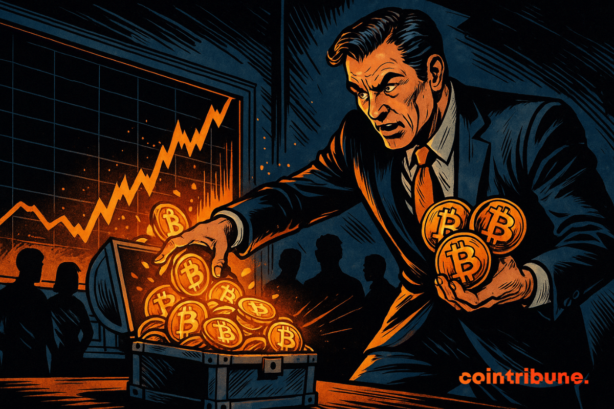 Un homme d'affaires énergique, accumulant des Bitcoins dans un coffre, avec un graphique en hausse en arrière-plan.