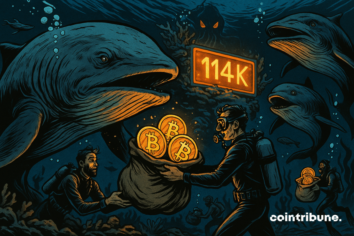 Baleias gigantes trocam sacos brilhantes de Bitcoin com mergulhadores sob uma placa "114K" em um mercado subaquático surreal.
