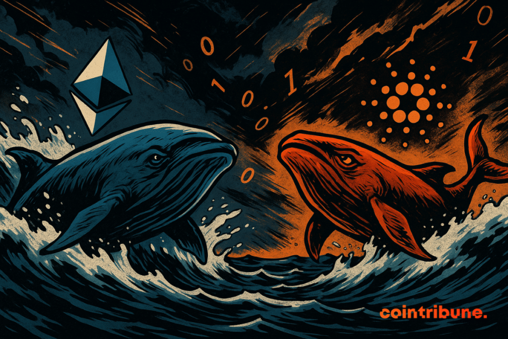 Duas baleias que simbolizam Ethereum e Cardano lutam em um mar agitado, cercadas por números e logotipos criptográficos.