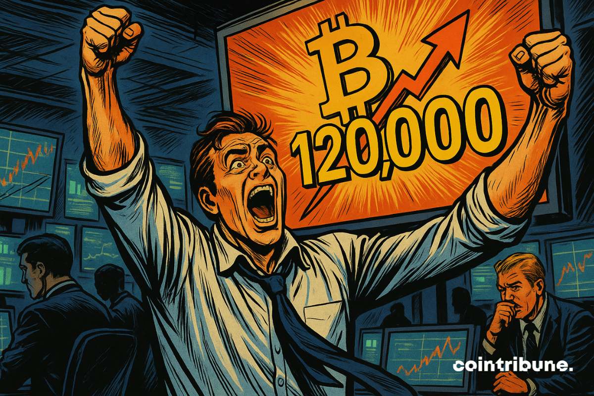 Um trader eufórico levanta os braços em frente a uma tela que exibe “Bitcoin 120.000”, uma atmosfera elétrica em uma sala de negociação.
