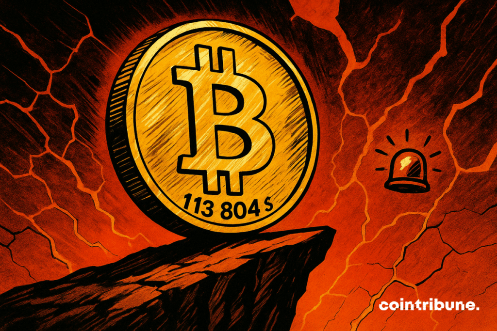 Uma gigantesca moeda de Bitcoin oscila à beira de um precipício brilhante, registrando US$ 113.804, sob um alarme ameaçador.