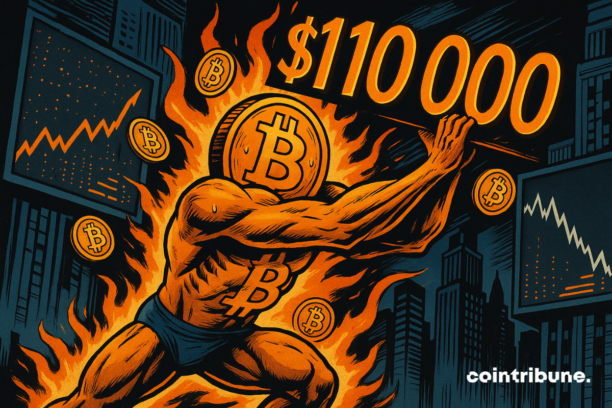 O Bitcoin, personificado, luta contra a resistência de US$ 110.000, cercado por chamas e gráficos em uma cidade futurista.