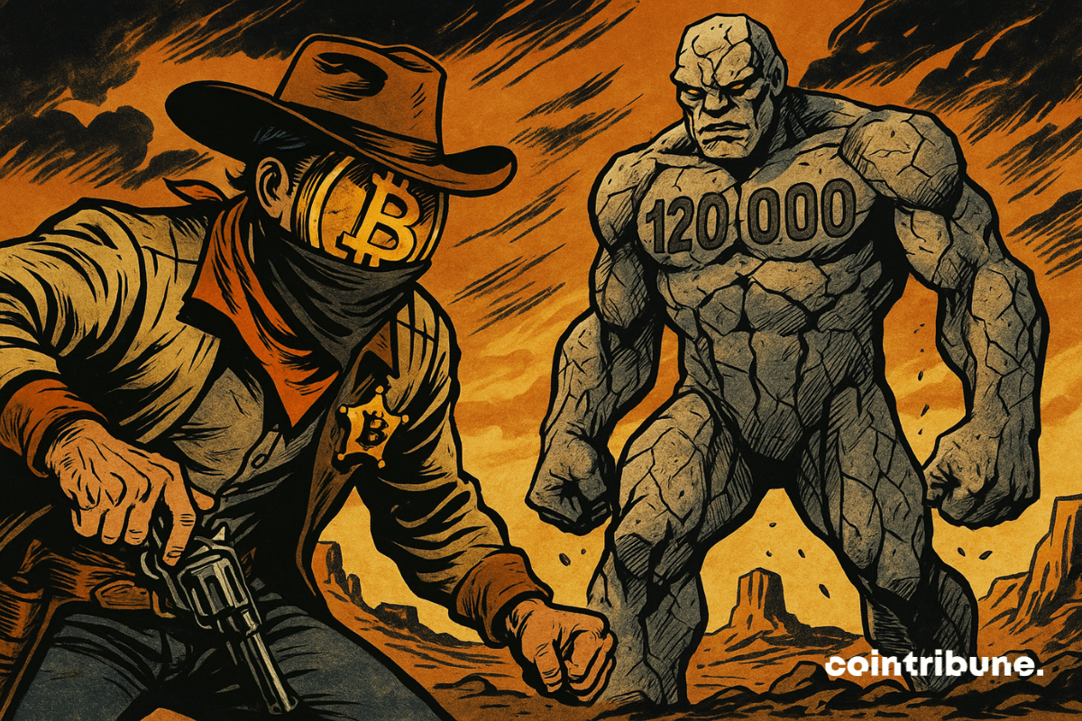 Cowboy armado de Bitcoin confronta um colosso de pedra "120000" em um deserto tempestuoso, tensão extrema, atmosfera dramática de história em quadrinhos.