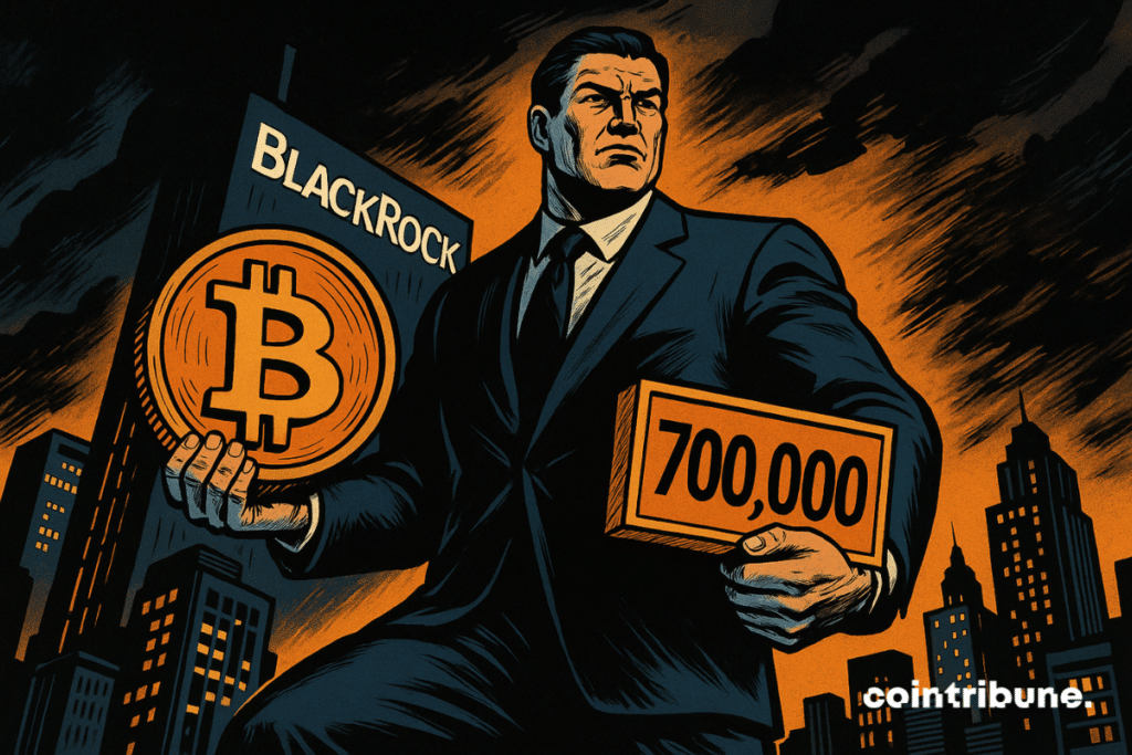 Un hombre de negocios gigante sostiene un Bitcoin y un cartel "700.000" frente a un paisaje urbano dominado por BlackRock.