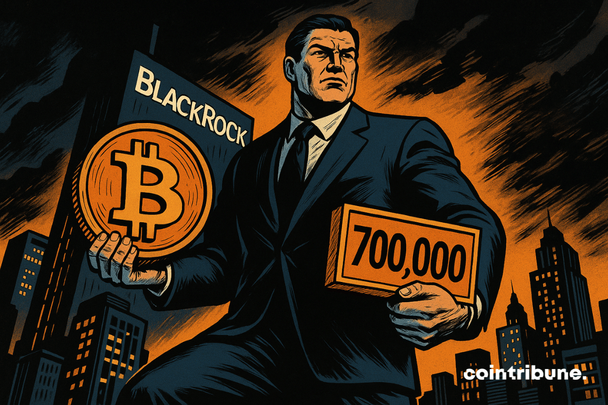 Um grande empresário segura um Bitcoin e uma placa "700.000" em um cenário urbano dominado pela BlackRock.
