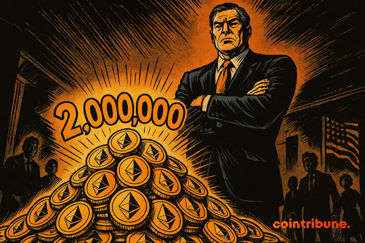 Um empresário imponente observa uma montanha de tokens Ethereum brilhantes, com o número 2.000.000 iluminado, em uma atmosfera escura e poderosa.