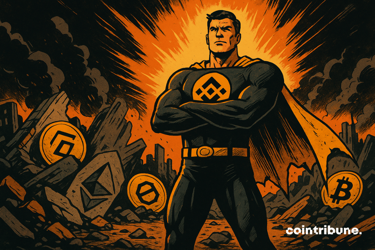 BNB as a superhero towering over a crypto wasteland.