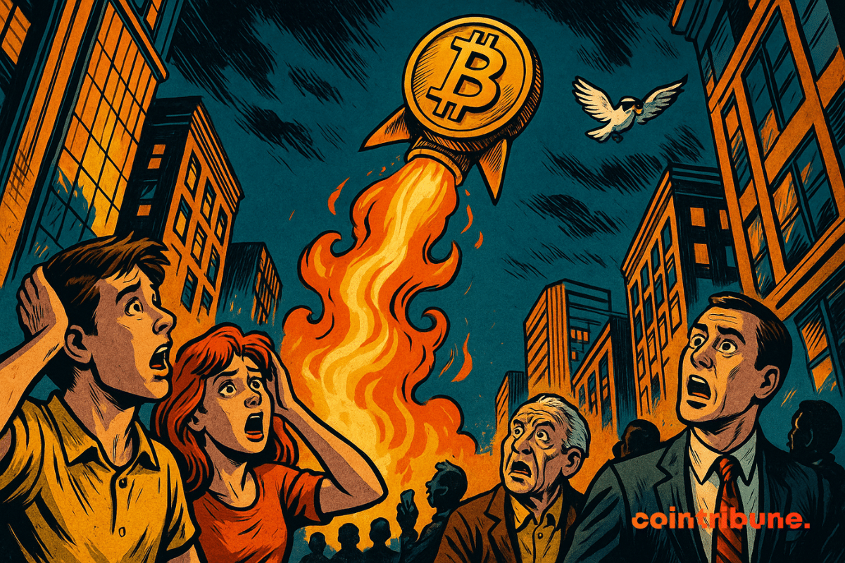 Um foguete em forma de Bitcoin é lançado em um céu laranja vivo acima de uma cidade enquanto espectadores chocados assistem da rua.