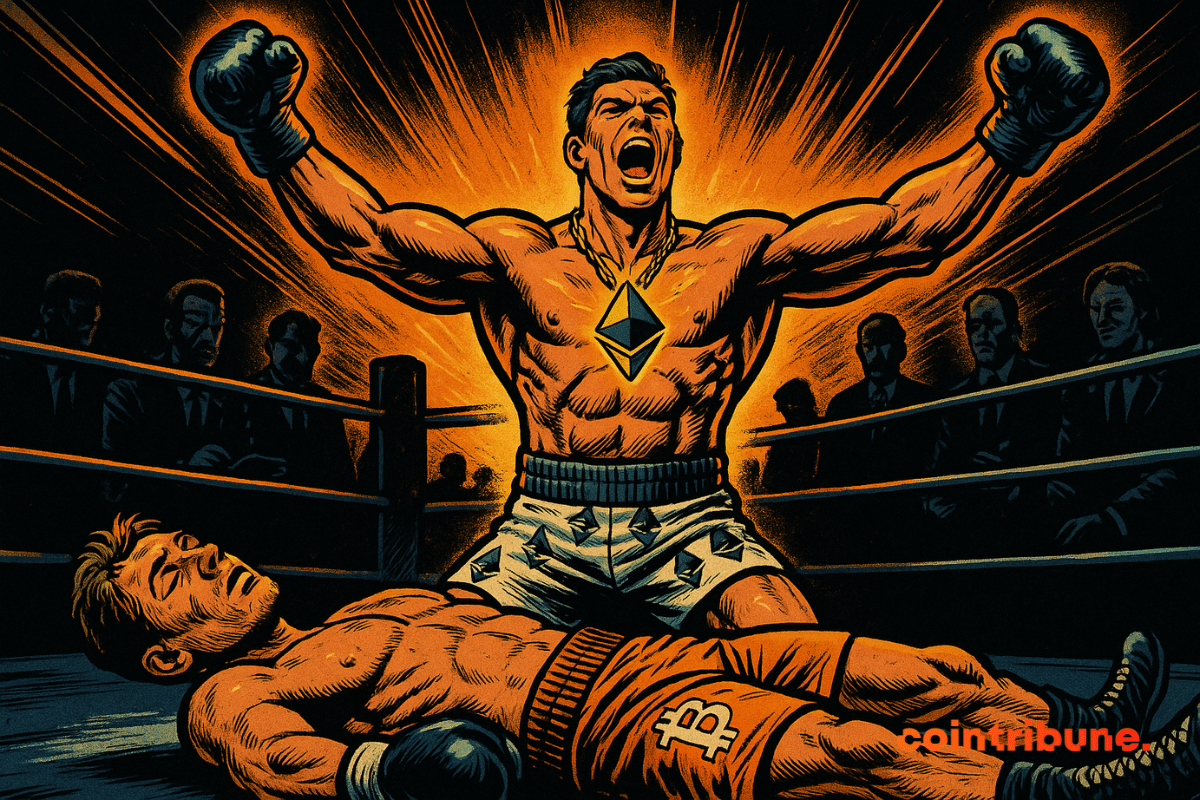 Um boxeador musculoso com um pingente com o logotipo do Ethereum levanta os punhos em vitória, enquanto um boxeador derrotado com logotipos do Bitcoin jaz no chão do ringue, tudo em um estilo de história em quadrinhos vintage dos anos 1970.