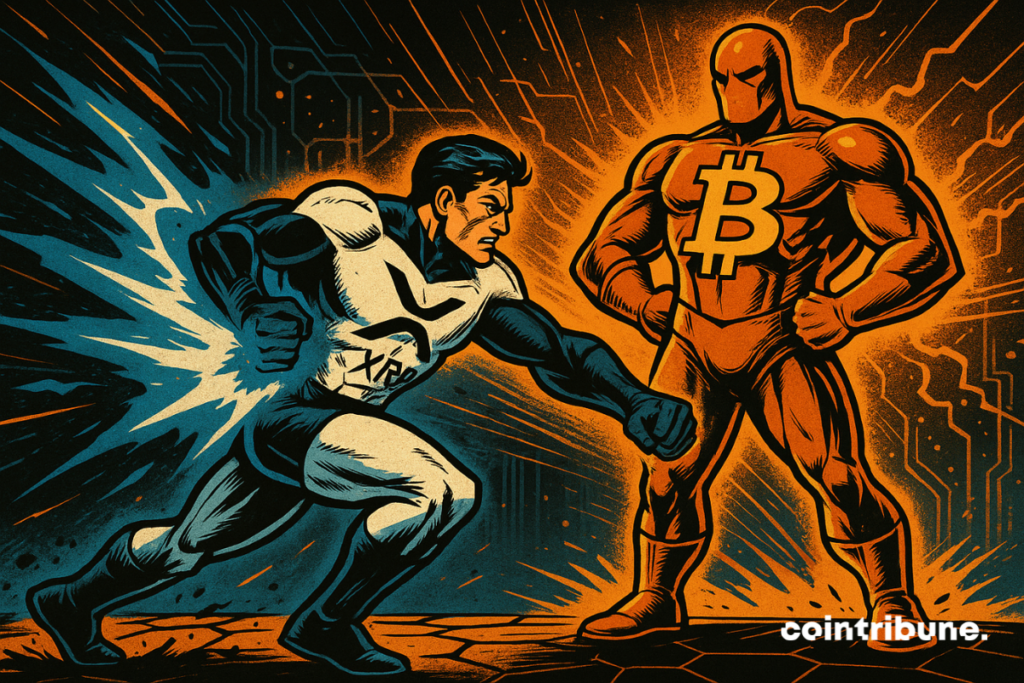Illustration style comics 70s montrant XRP attaquant Bitcoin dans un affrontement crypto, ambiance futuriste numérique, haute tension visuelle