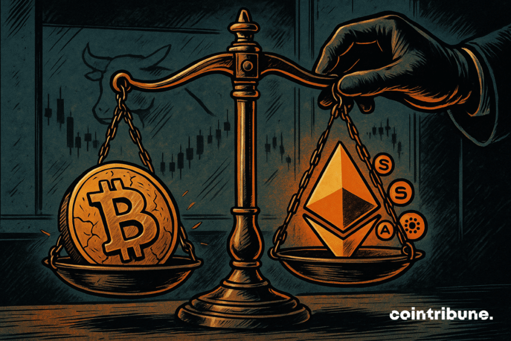 Uma ilustração vintage em estilo de história em quadrinhos mostrando uma balança com um logotipo do Bitcoin rachado afundando de um lado e símbolos brilhantes de altcoins subindo do outro, contra um fundo financeiro escuro.