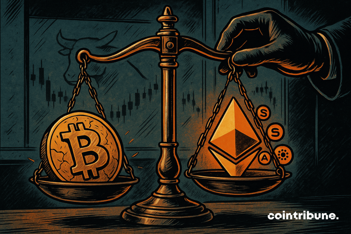 Uma ilustração vintage em estilo de história em quadrinhos mostrando uma balança com um logotipo do Bitcoin rachado afundando de um lado e símbolos brilhantes de altcoins subindo do outro, contra um fundo financeiro escuro.