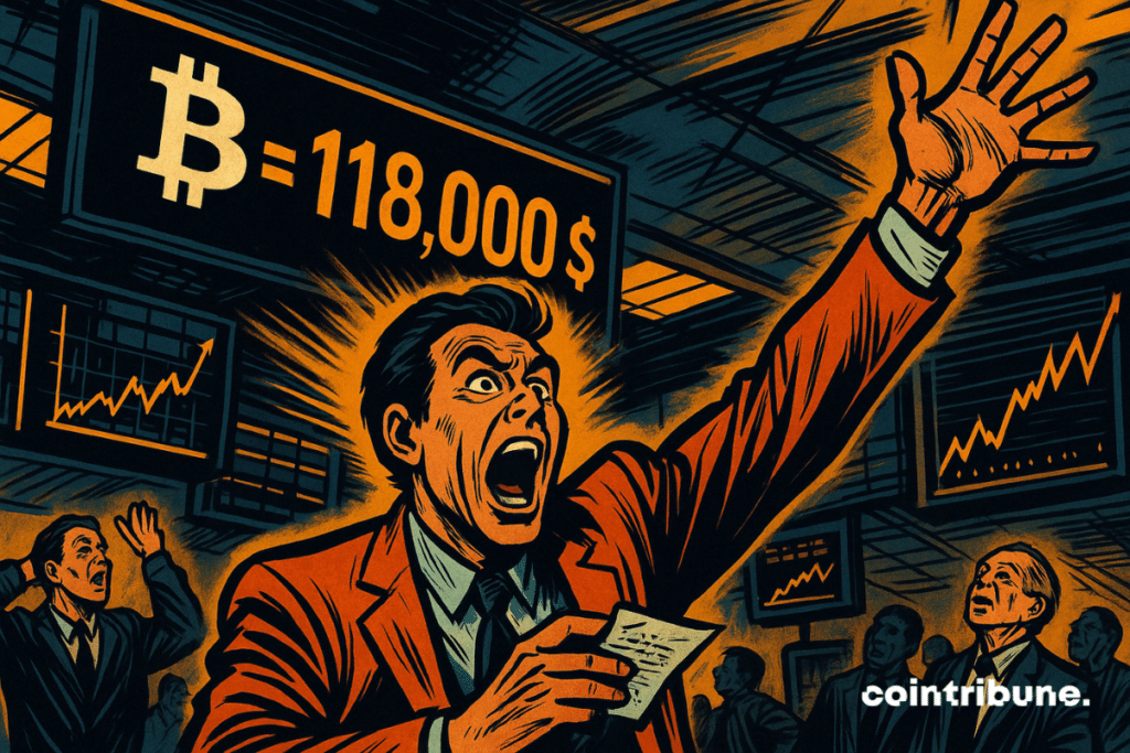Un trader en costume orange hurle de stupeur en levant le bras, figé dans une expression d’euphorie totale. Devant lui, un écran géant affiche le prix du Bitcoin : **118 000 \$**. Autour, d’autres traders réagissent avec sidération, tandis que des courbes de marché explosent à l’arrière-plan dans une ambiance électrique et saturée d’orange. Le style néo-rétro façon comics 70s renforce la tension dramatique de la scène.