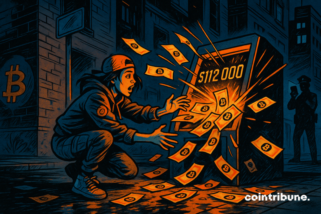 Uma jovem agachada em frente a um caixa eletrônico de criptomoedas de alta tecnologia com formas angulares. A máquina digital estilizada exibe uma tela iluminada mostrando "112.000 $" em dígitos laranja piscando. Cédulas com o logotipo do Bitcoin flutuam ao redor.