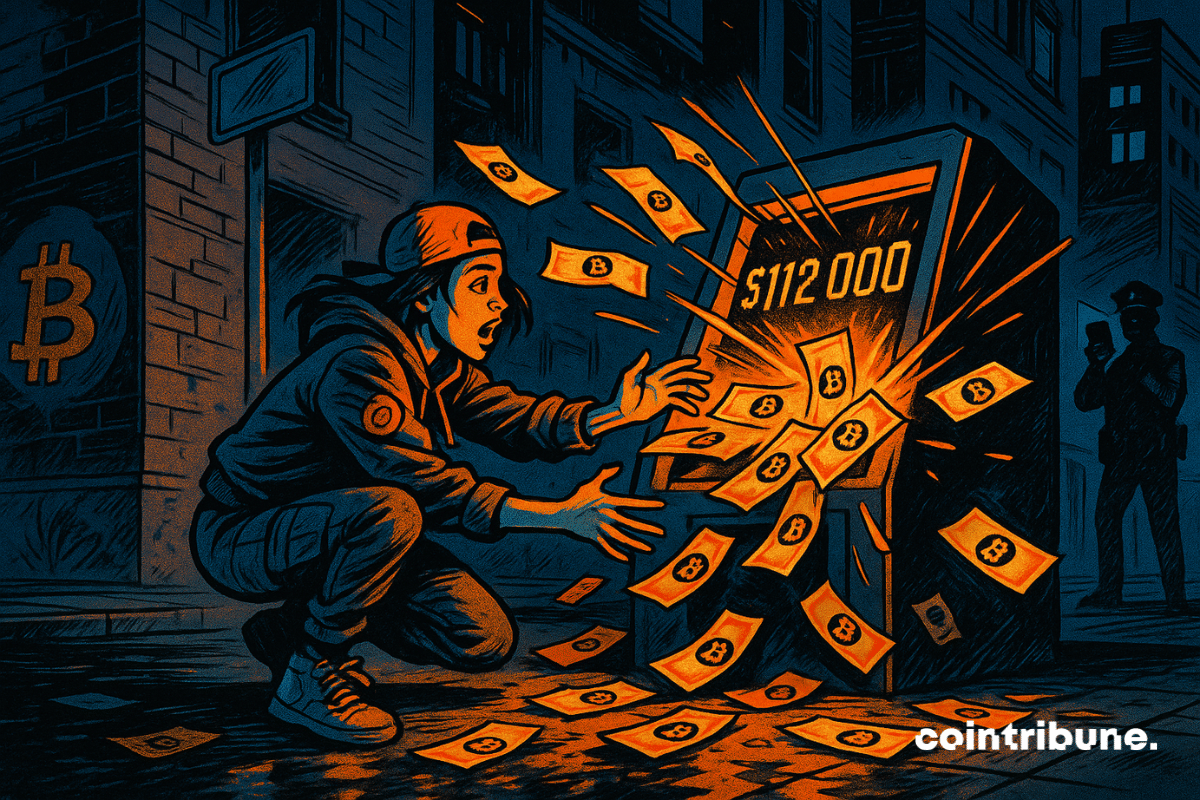 Uma jovem agachada em frente a um caixa eletrônico de criptomoedas de alta tecnologia com formas angulares. A máquina digital estilizada exibe uma tela iluminada mostrando "112.000 $" em dígitos laranja piscando. Cédulas com o logotipo do Bitcoin flutuam ao redor.