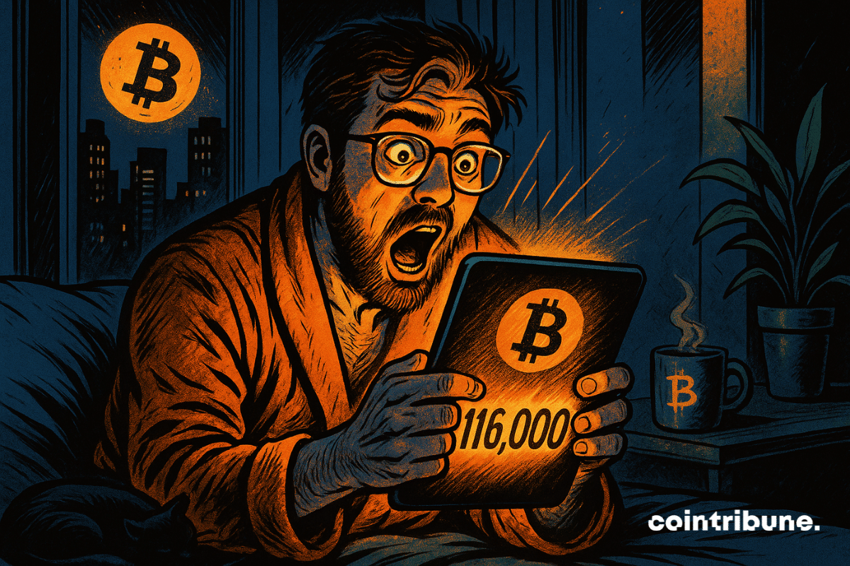 An investor is sitting on the edge of his bed, leaning toward the screen he holds with both hands. The tablet glows with a crypto wallet interface displaying a highlighted value: 116,000. The Bitcoin logo is visible in the top corner of the screen.