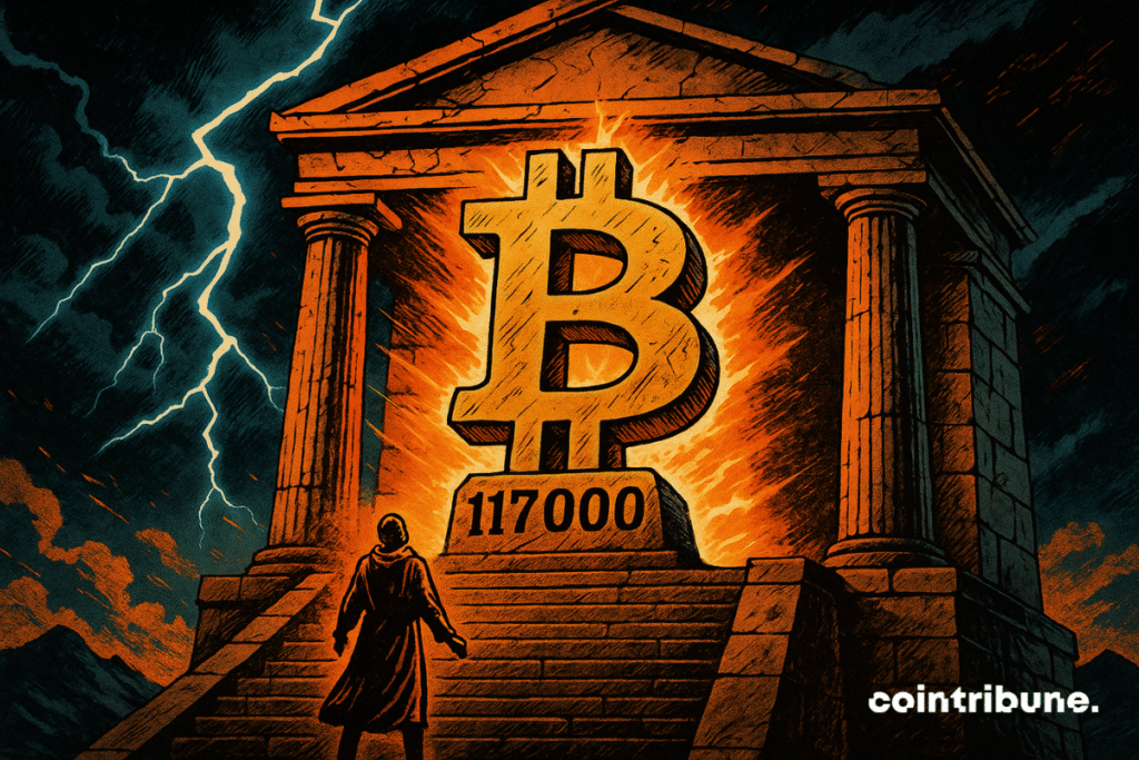 An investor stands open-mouthed at the bottom of the stairs, staring at a Bitcoin statue engraved with “117,000”.