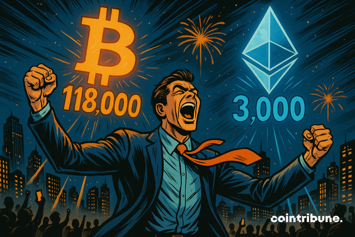 Homem eufórico de terno no telhado de uma cidade, com os braços levantados, cercado pelos símbolos brilhantes de Bitcoin (118.000) e Ethereum (3.000)