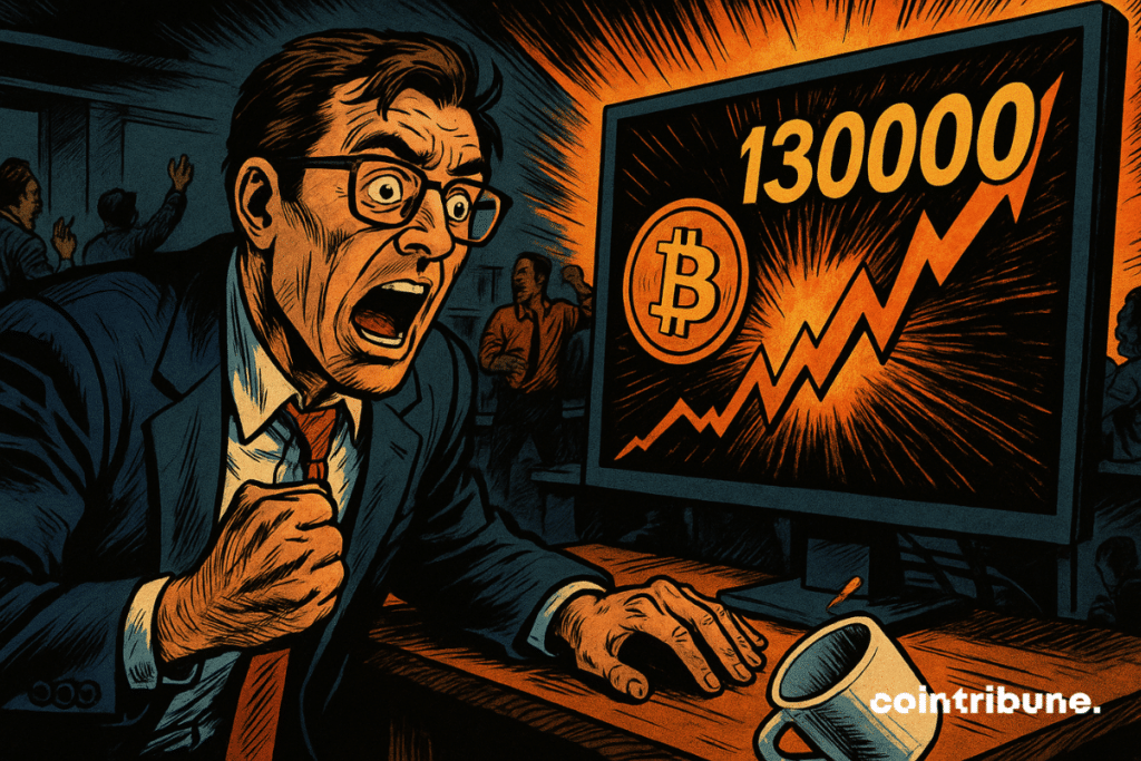 Un analista con traje, atónito, observa una pantalla que muestra un Bitcoin a 130 000 $.