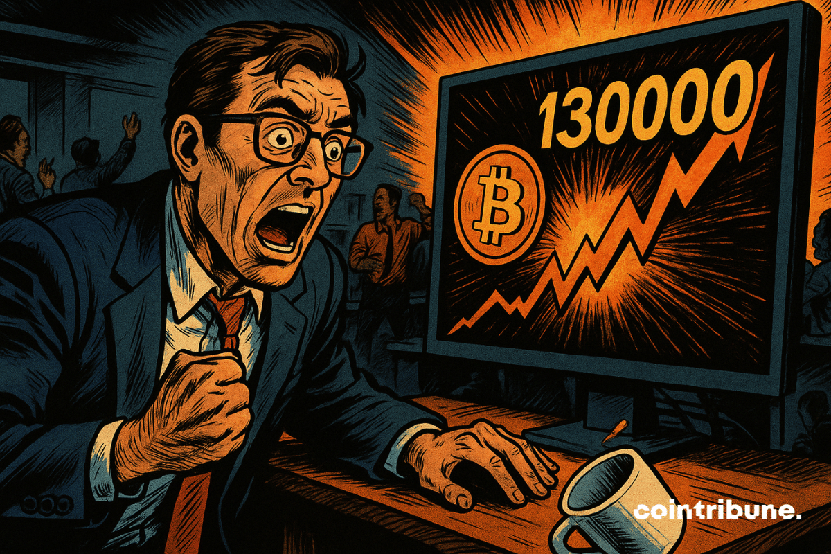 Un analista con traje, atónito, observa una pantalla que muestra un Bitcoin a 130 000 $.