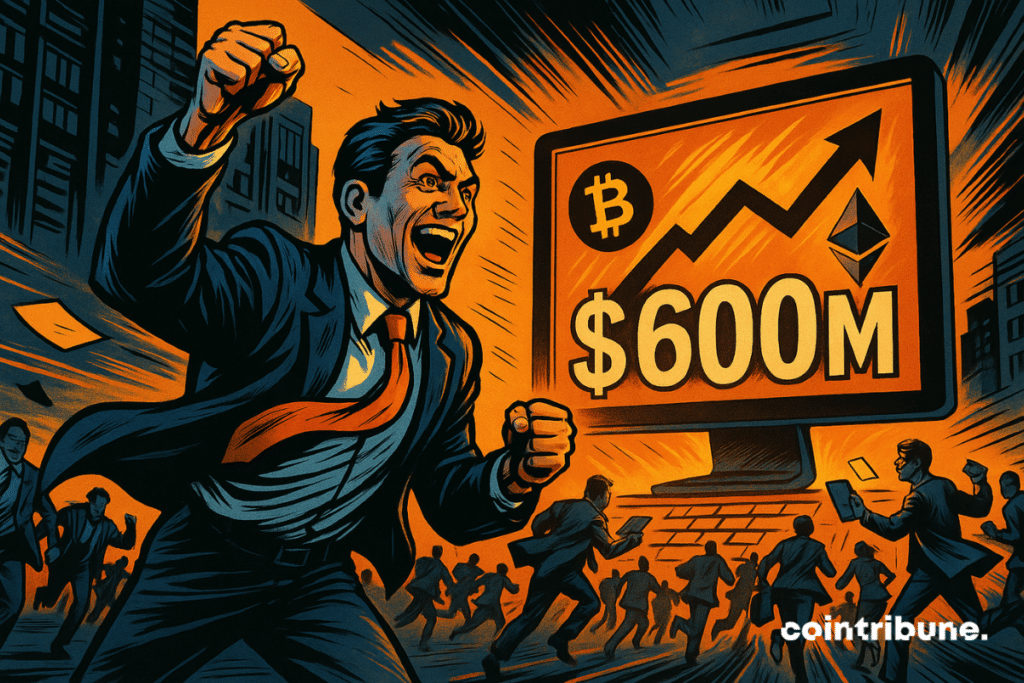 Um trader eufórico corre em direção a uma tela exibindo "US$ 600 milhões", cercado pelos logotipos do Bitcoin e do Ethereum