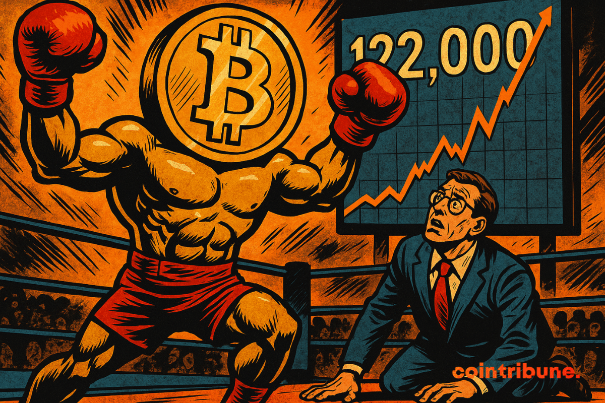Ilustração de um Bitcoin triunfante em um ringue, usando luvas como um boxeador.