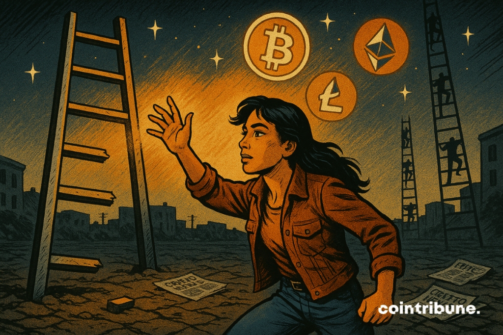 Jovem latino-americana tentando alcançar uma escada quebrada sob um céu com símbolos de criptomoedas como Bitcoin e Ethereum, em um ambiente urbano escuro com um estilo de história em quadrinhos vintage.