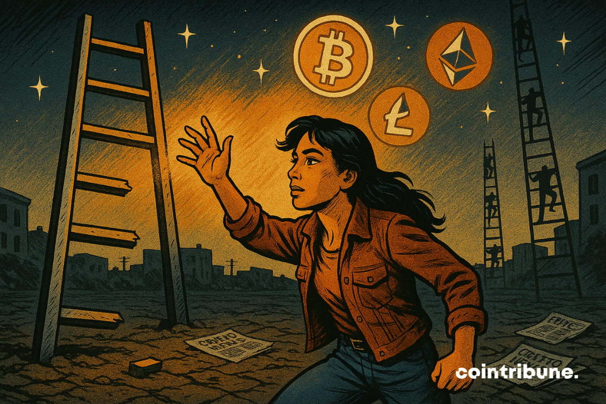 Jovem latino-americana tentando alcançar uma escada quebrada sob um céu com símbolos de criptomoedas como Bitcoin e Ethereum, em um ambiente urbano escuro com um estilo de história em quadrinhos vintage.