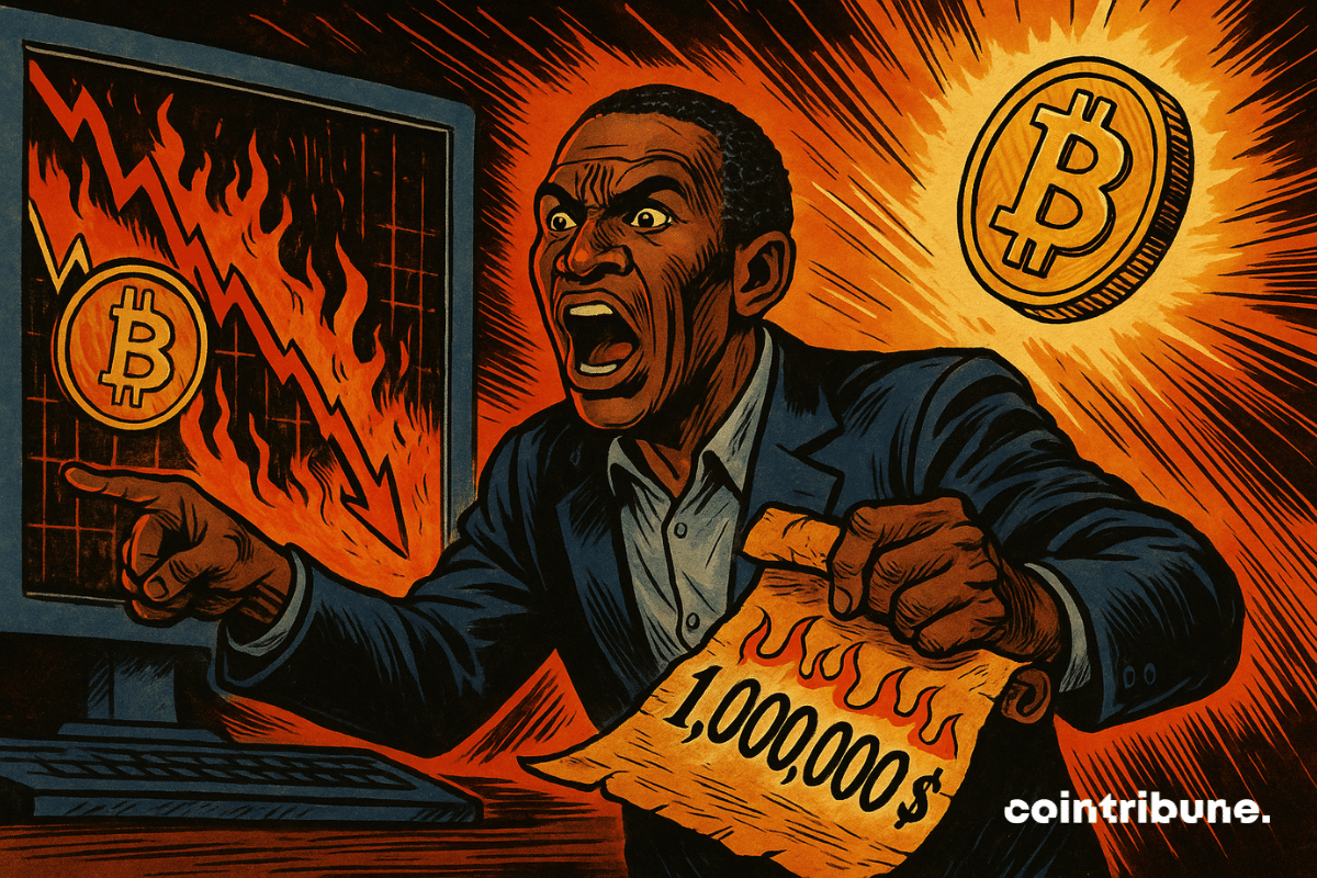 Arthur Hayes, furioso e eufórico, aponta para uma tela onde o Bitcoin está entrando em colapso, segurando um pergaminho em chamas marcado como "US$ 1.000.000".