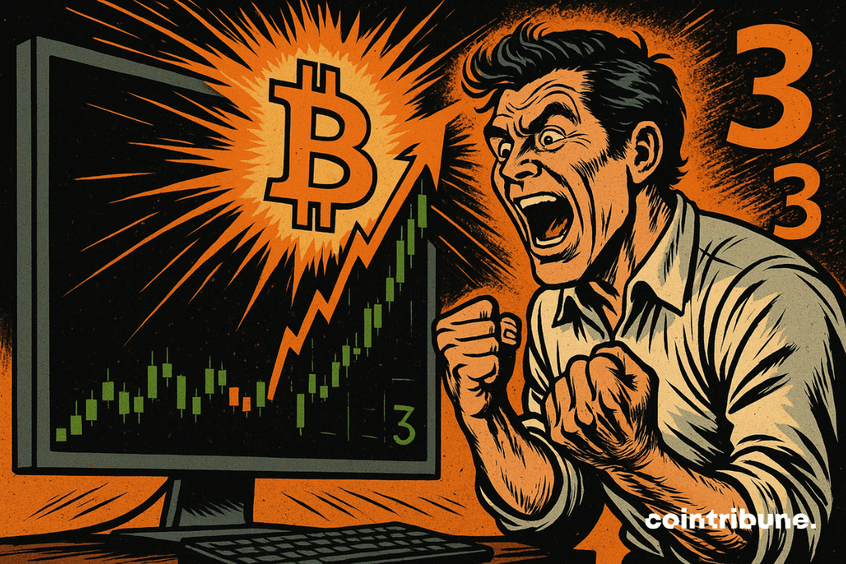 Um trader eufórico grita de alegria diante de uma tela exibindo uma disparada do Bitcoin.