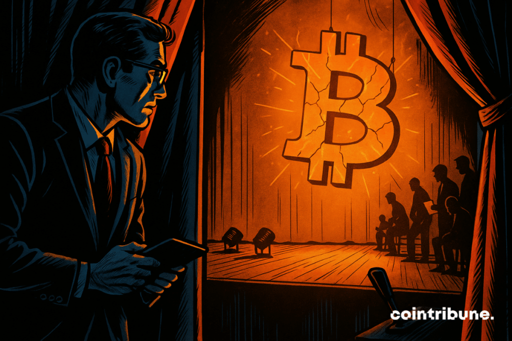 Um investidor carismático, levemente inclinado para frente, observando ou esperando o momento certo. Ele permanece à sombra, em segundo plano. O logotipo do Bitcoin, enorme, suspenso por cabos finos, está brilhantemente iluminado como uma divindade ou ídolo moderno. Parece rachado, prestes a “explodir” ou descer ao palco principal, evocando uma tensão iminente.